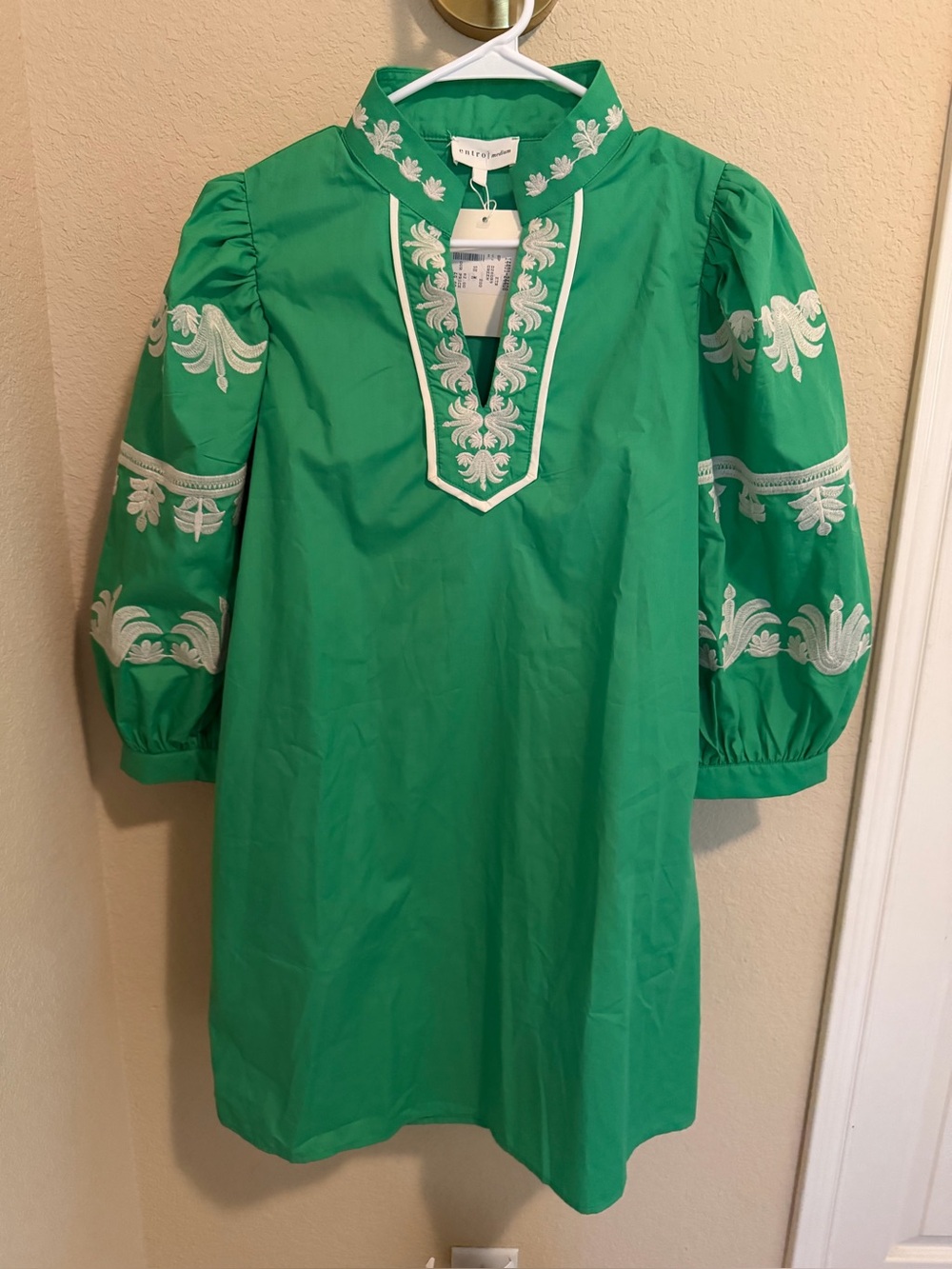 entro Green Dress with White Embroidered Trim